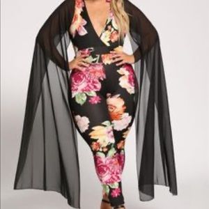 Chiffon Maxi Sleeve Jumpsuit Black and Floral 3XL (fits like 2XL)